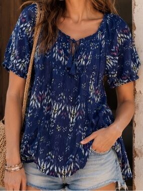 Mudd Sheer Boho Peasant Blouse Navy Ikat Tassel Tie Size Small NWOT